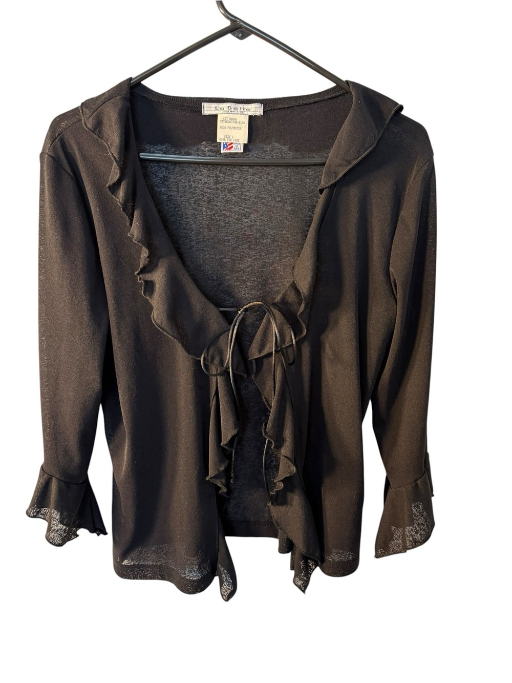 La Belle Black Sheer Ruffle Tie-Front Cardigan